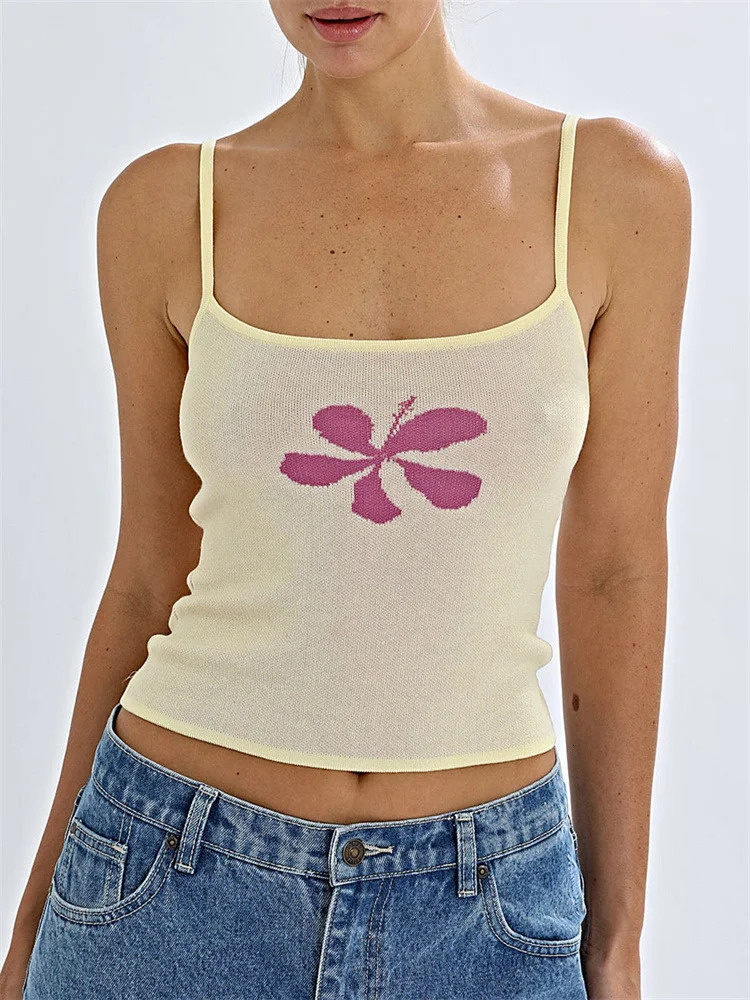 CHRENSTYLE Womens Summer Slimming Mini Tank Top with Sleeveless Shoulder Straps and Open Back Flower Print Knitted Crop Camis Streetwear 250409