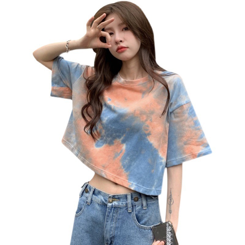 2025S Designer Women S T Shirt Tie Dyed Sleeved T Shirt Women S Summer New Design With Exposed Navel Short Style Spicy Girl Trendy Clothes For Student