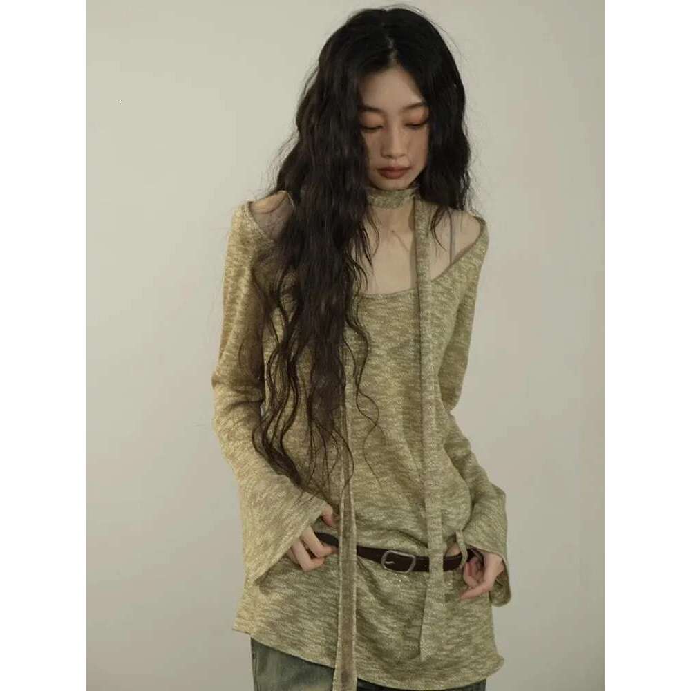 Women's 2024 Summer And Autumn Wasteland Style Thin, Loose, Slim, Casual One Shoulder Long Sleeved Top T-Shirt