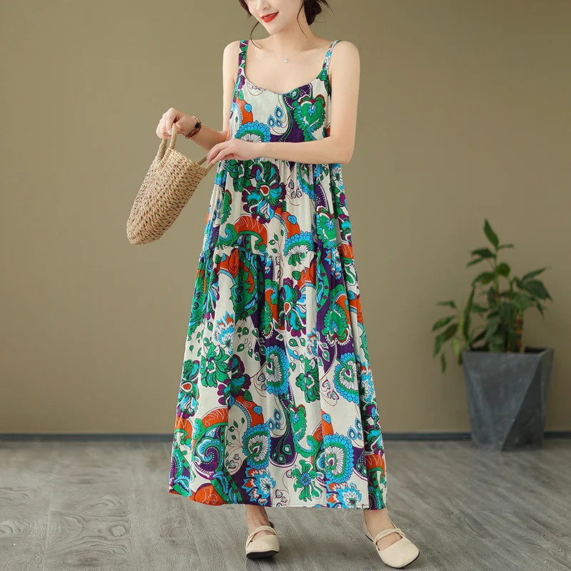Wxw6504 summer print retro long vest dress for women backless cotton linen spaghetti strap thin Aline 250409