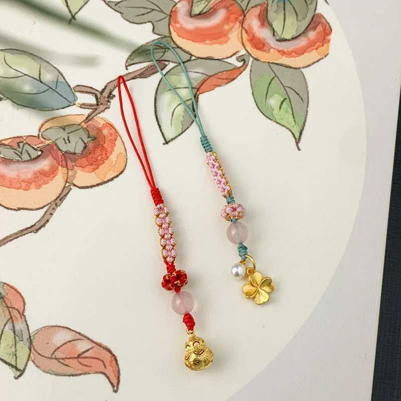 Handmade peach flower knot mobile phone rope with charming gold bag decoration car hanging ropeXJ250409