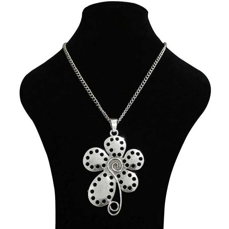 1 x Xizang Silver Large Spiral Design Five Petal Flower Pendant Necklace Long Chain Lagenlook 34 Y250408