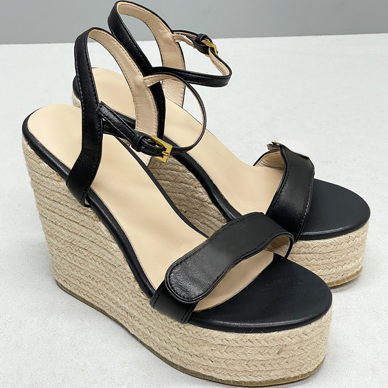 Designer High Heels Platform Sandals Womens Leather Espadrille Wedge Heels Black White Adjustable Ankle Strap Sandal Summer Party Wedding Shoes With Box 291