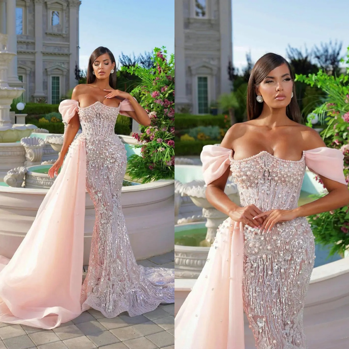 Gorgeous Mermaid Evening Dresses Off Shoulder Sleeveless Gown Sequins Beaded Appliques Sweep Train Dress Party Customized Dress
