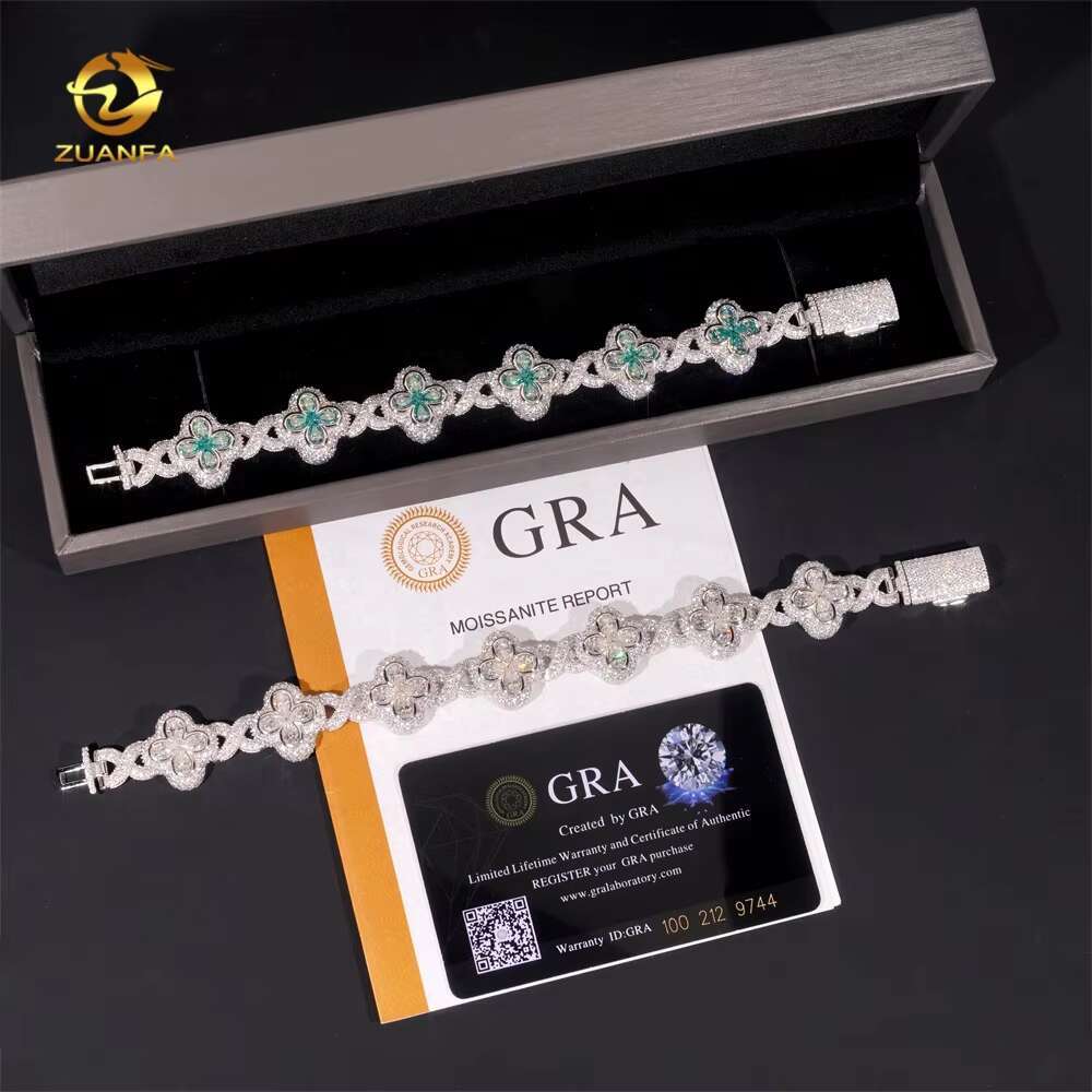 New Style Clover Infinity Pear Shape Blue Green Moissanite Diamond 925 Sterling Silver Mens Bracelet