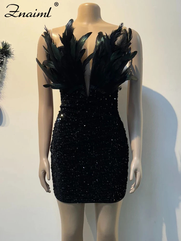 Znaiml y Birthday Womens Feather Sparkle Strapless Deep Vneck Black Tight Mini Dress Sexy Club Party Night Dance 250409