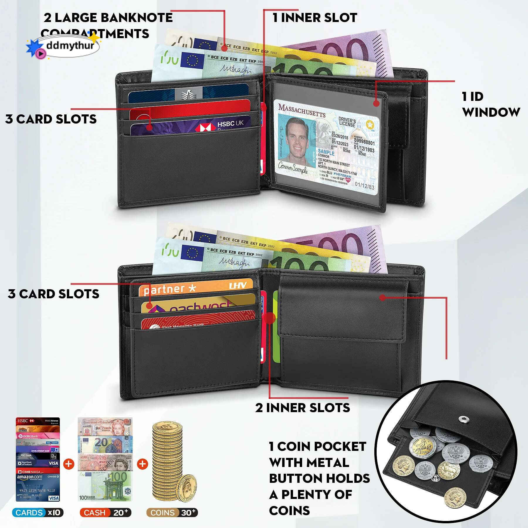 Genuine Leather Wallet Men Classic Black Soft Purse Coin Pocket Credit Card Holder ddmythur
