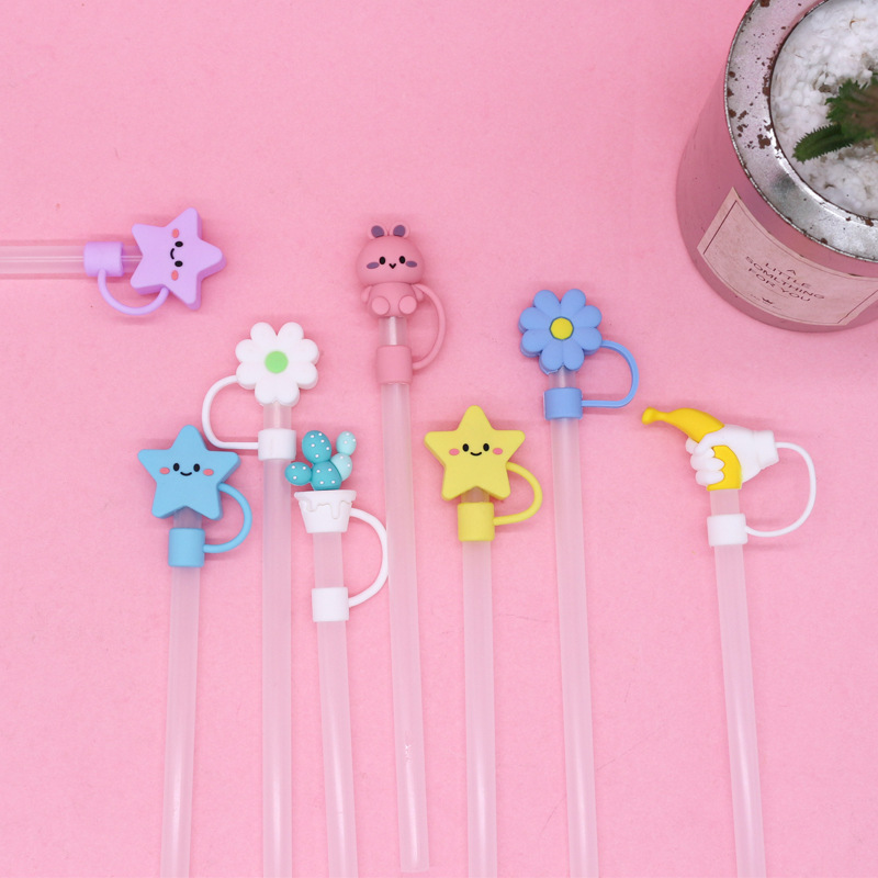 Silicone Straw Cover Cap 10mm Dust-Proof Drinking Straw Tips Lids Cover Multi-Design Cartoon for Stanley Cups Accessories
