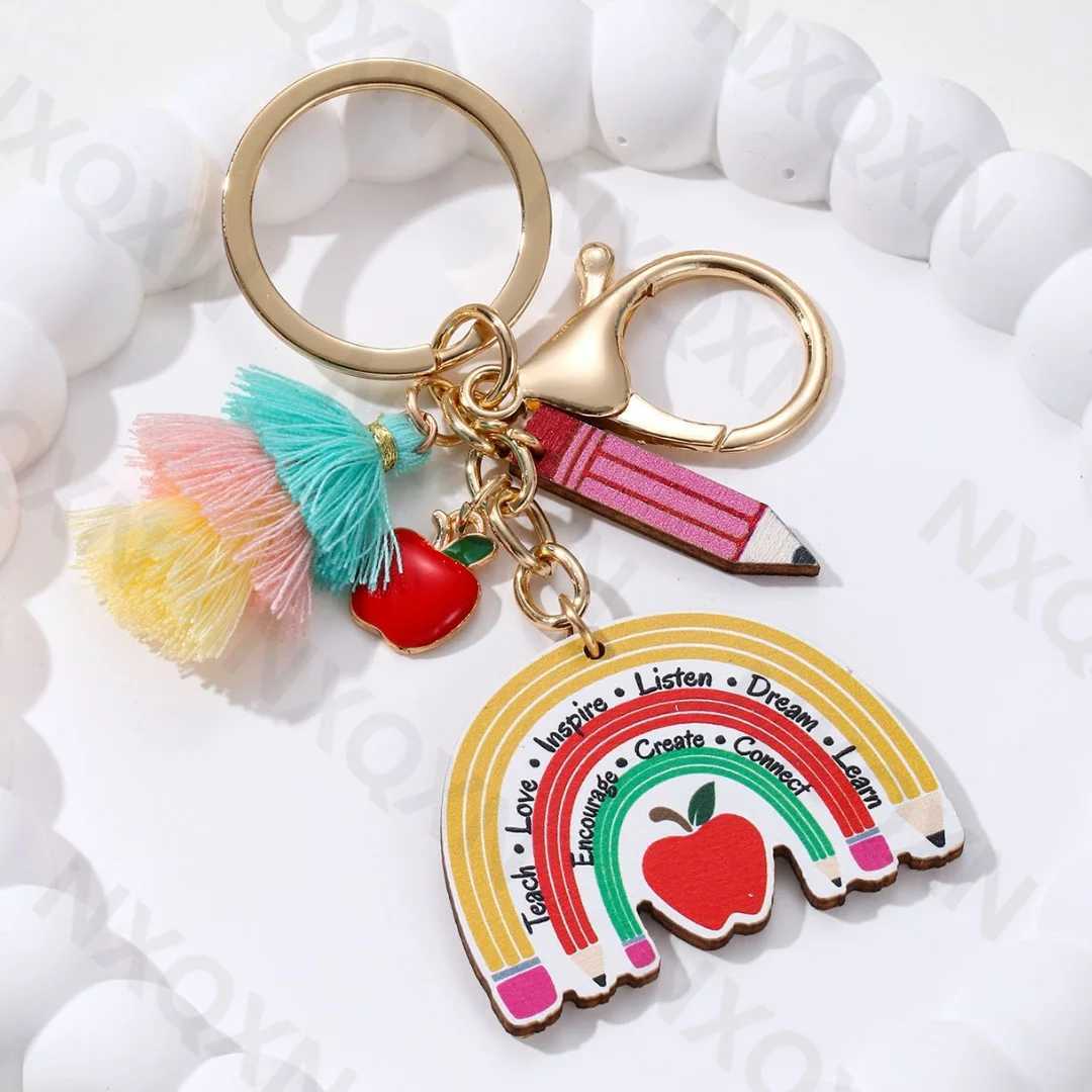 Cute Blackberry Pencil Hearts Wooden Keychain Rainbow PLE Pendant Keyring Teachers Day Gift Handmade JewelryXJ250409