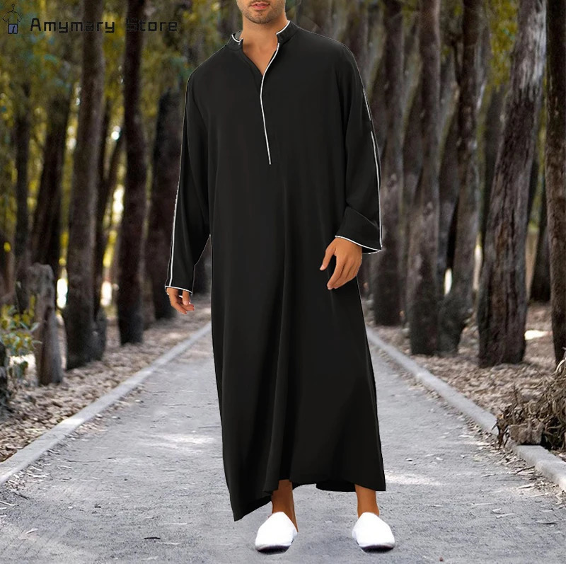Loose Muslim Kaftan Robe Middle Eastern Mens Long Sleeve Arab Islamic Solid Color Maxi Dubai Abaya Juba Thobe Clothing 250409