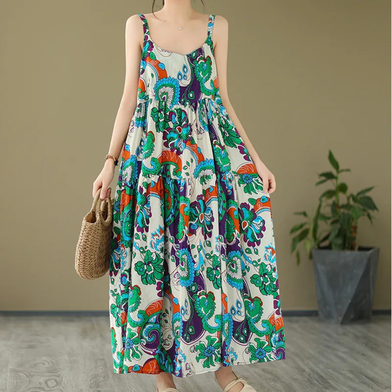 Wxw6504 summer print retro long vest dress for women backless cotton linen spaghetti strap thin Aline 250409