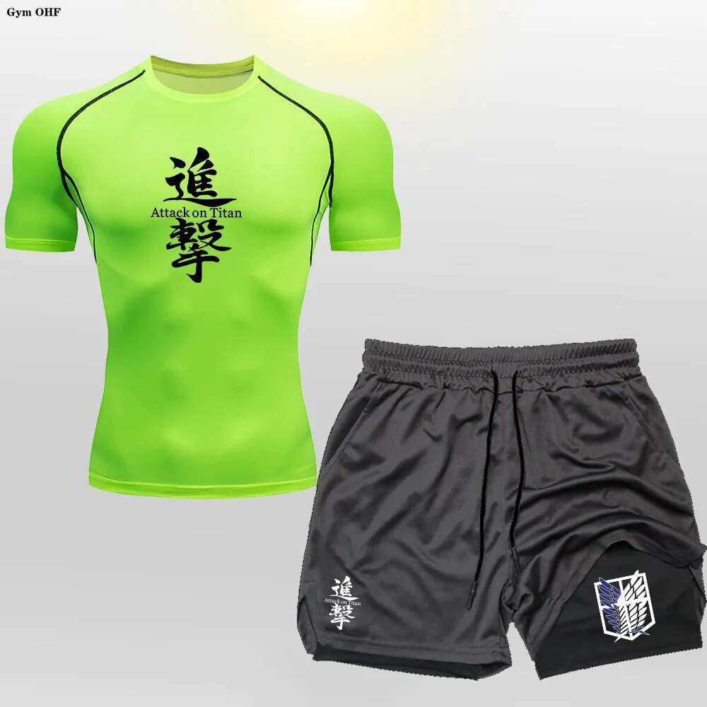 Anime 2 in 1 Male Quick Drying Sportswear Compression T-Shirt Shorts Men's Running Sports Suit MMA Rashgard Summer Men Sets