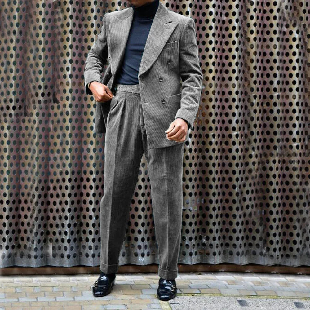Mens Corduroy Suit Lapel 2 Piece Jacket Pants Double Breasted Party Casual Mens Wedding Outfit Full Suit 250408