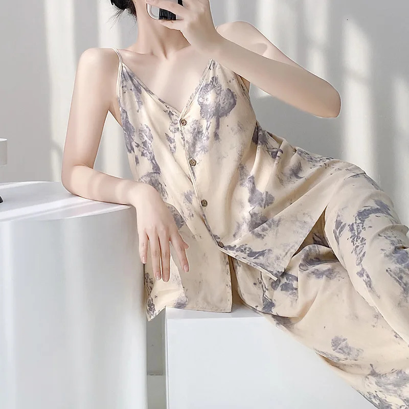 Lightweight y cotton silk pajama set for women spring and autumn pendant twopiece casual wear loose simple solid 250409
