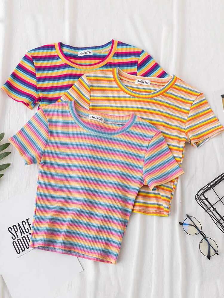 New T Shirt Women Rainbow Striped Slim Fit t shirt Haruku Tshirt Summer Short Sleeve Korean T-shirt feminina Clothes Tops