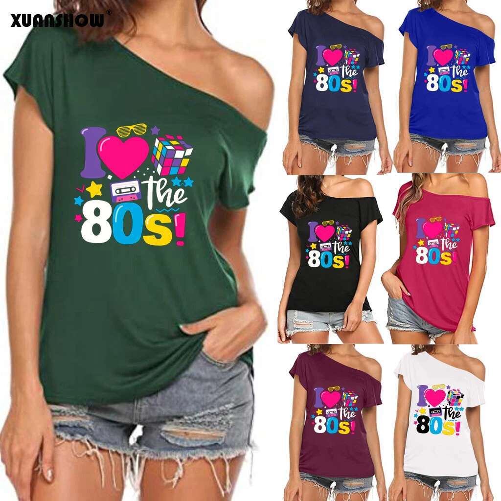 XUANSHOW 2024 Summer I Love the 80s Emotional Element T-shirt Sexy Off Shoulder Tops Short Sleeve Letters Printed Tee Shirt