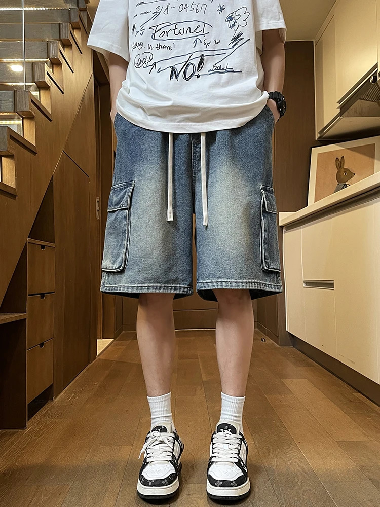 Summer mens cargo denim shorts with straight fashionable and casual pockets wide leg large beach vacation 250409