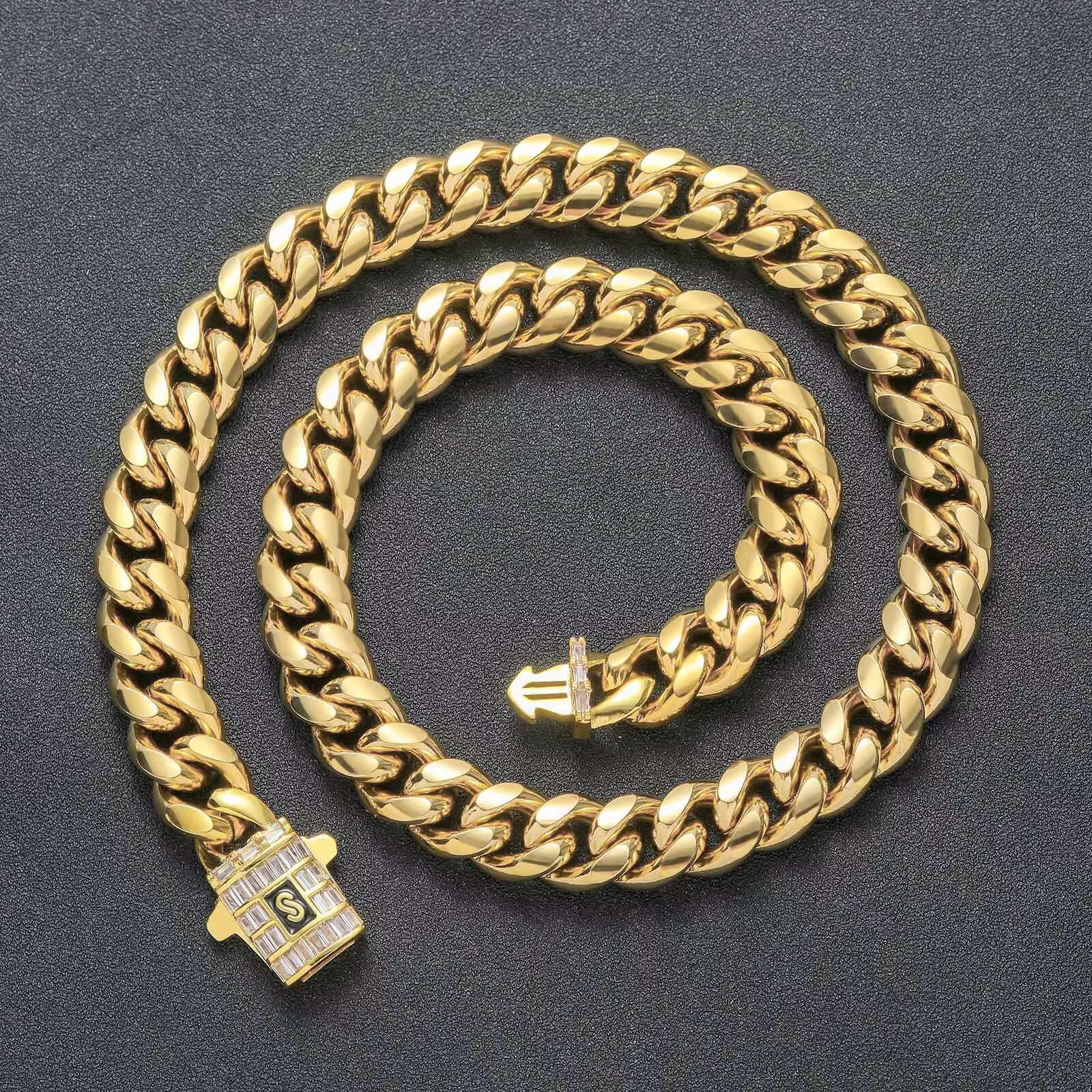 BES 6mm/8mm/10mm/12mm/14mm Miami Cuban Stainless Steel 14K 18K Gold Plated Monaco Cuban Link Chain Necklace Hip Hop Jewelry