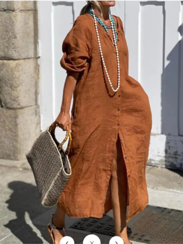 Spring Cotton Linen Womens Long Button Dress Vneck White Fashion Elegant Loose Wear 250409