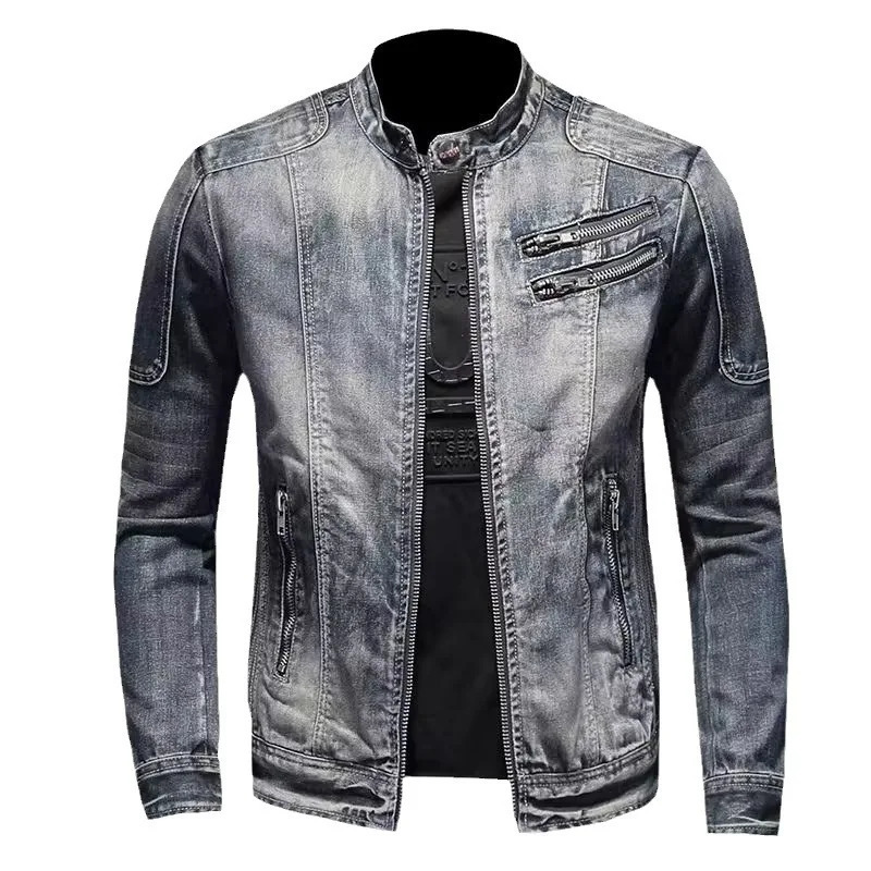 Mens denim jacket zipper ultrathin casual solid collar full set of regular winter 250409