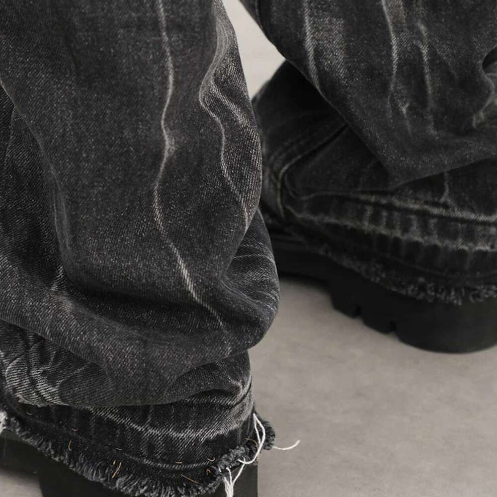 Black Grey Denim Mens Raw Edge Loose Straight-Leg Pants High Street Washed Distressed Casual Jeans Men
