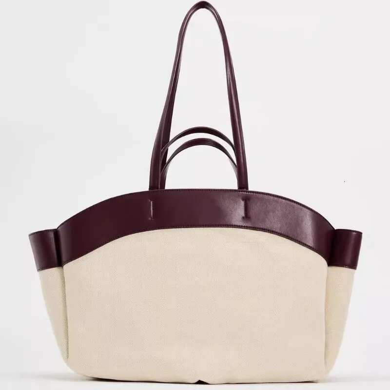 Large-Capacity Canvas Shoulder Color-Blocked Bag, Fashionable, Simple, Casual, Versatile Tote Bag For Women 2024Autumn New Style