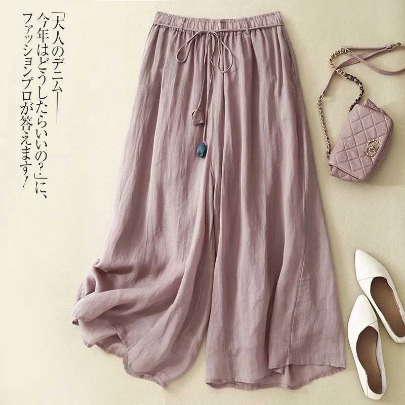 Linen double-layer high waist wide leg pants for womens summer new loose Ele lace top casual ankle pantsXJ250403