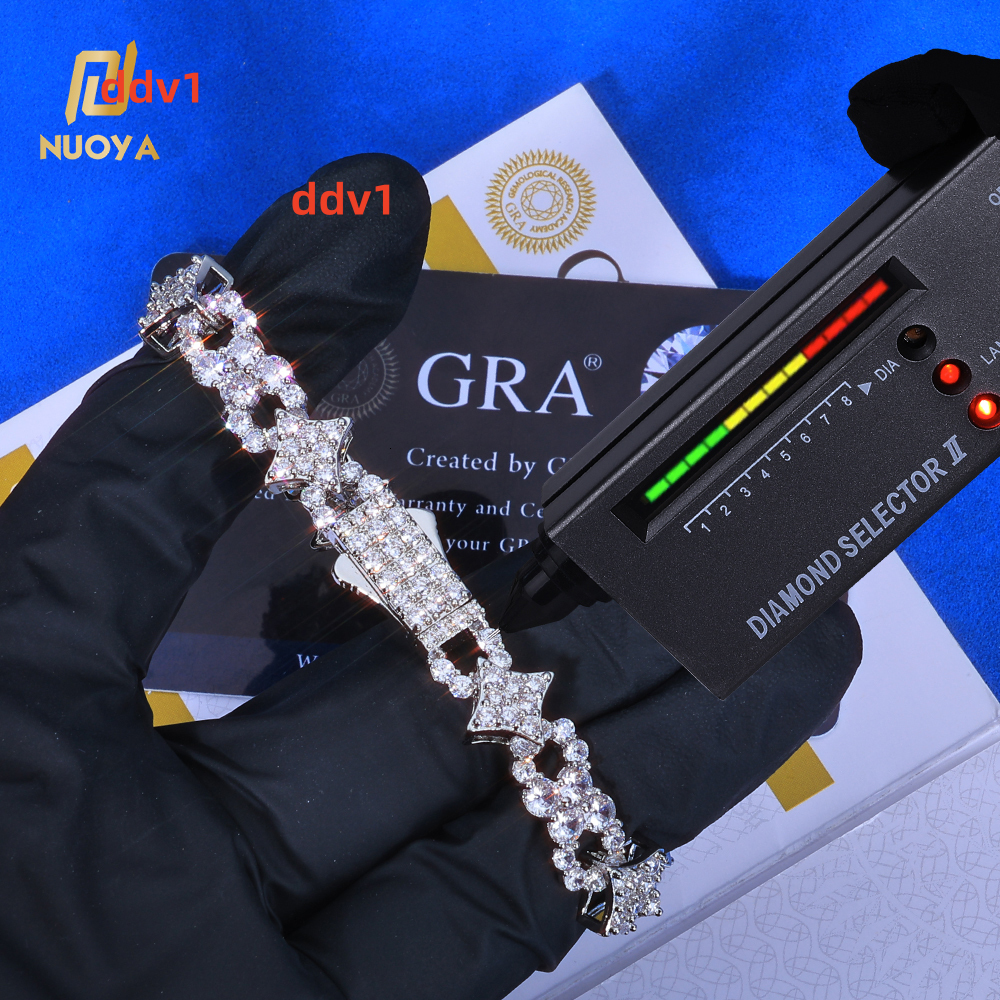 NUOYA 925 Silver Bracelet Spring Lock Clasp Iced Out VVS Moissanite Four Pointed Star Infinite Design Hip Hop Fine Jewelry