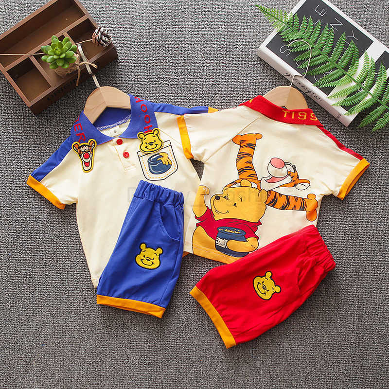 Disney Childrens wear childrens suit boys and girls Tigger Cartoon Bear Lapel color matching short sleeve shorts baby two-piece setXJ250409