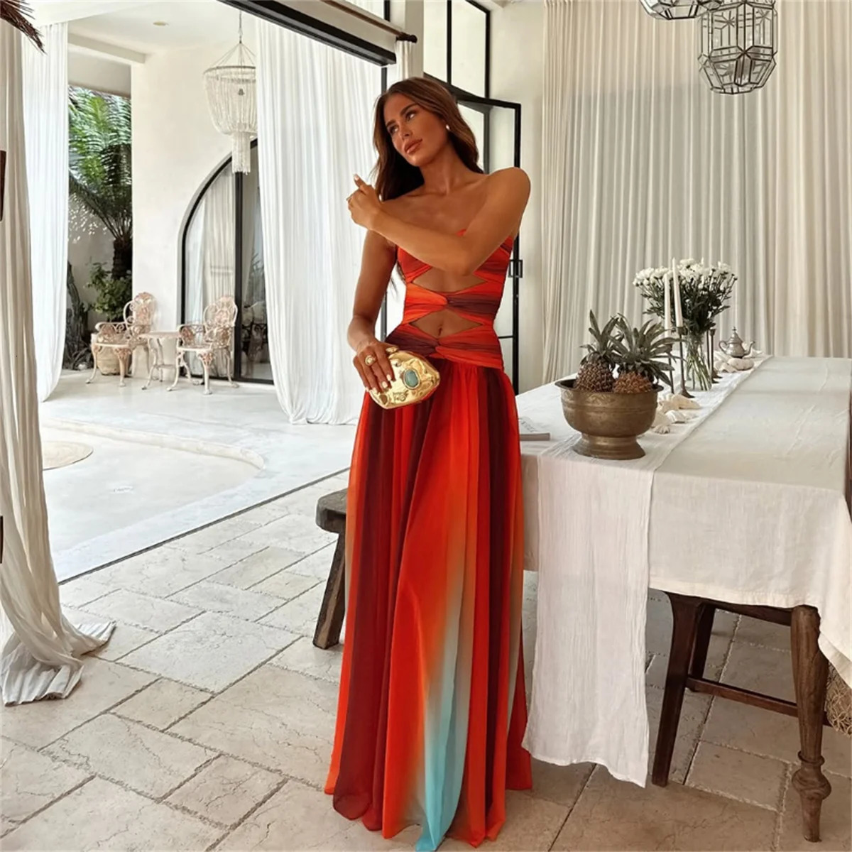 womens tie dye gradient slim waist long skirt sexy comparison hollow pleated hem dress fashionable party holiday 250409