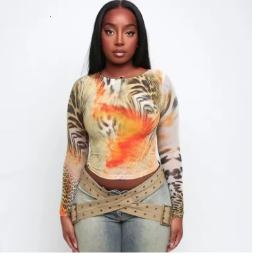 Vintage Print Mesh Shirt Long Sleeve Top Women Clothing Sexy Transparent Cropped Tees D85-AG10