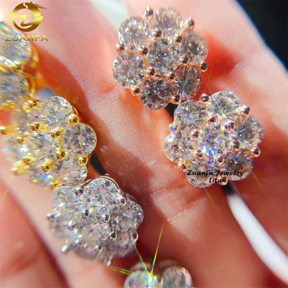 Fashion Jewelry Bling Hip Hop 15mm 925 Sterling Silver Luxury Moissanite Flower Earrings
