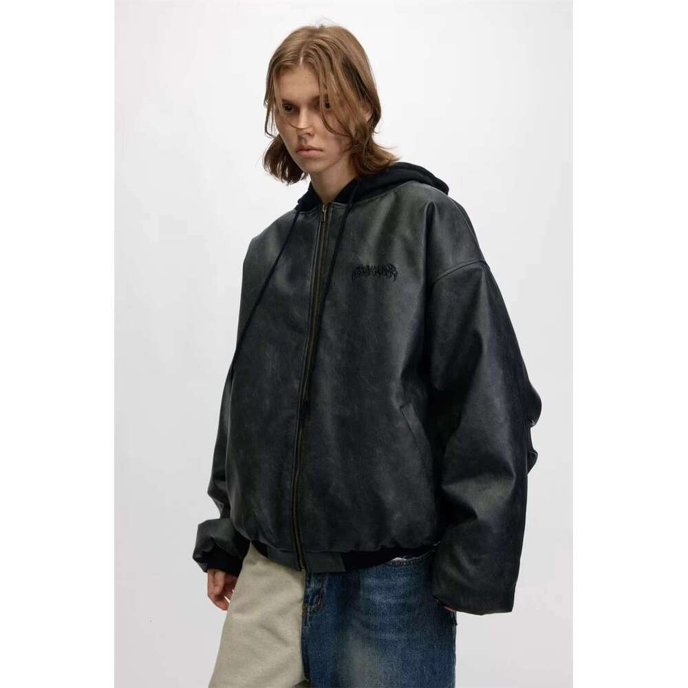 Letter Embroidery Pleated Quilted Jacket Mens High Street Autumn Winter Spliced Hooded Long Sleeve Thick Outerwear Men