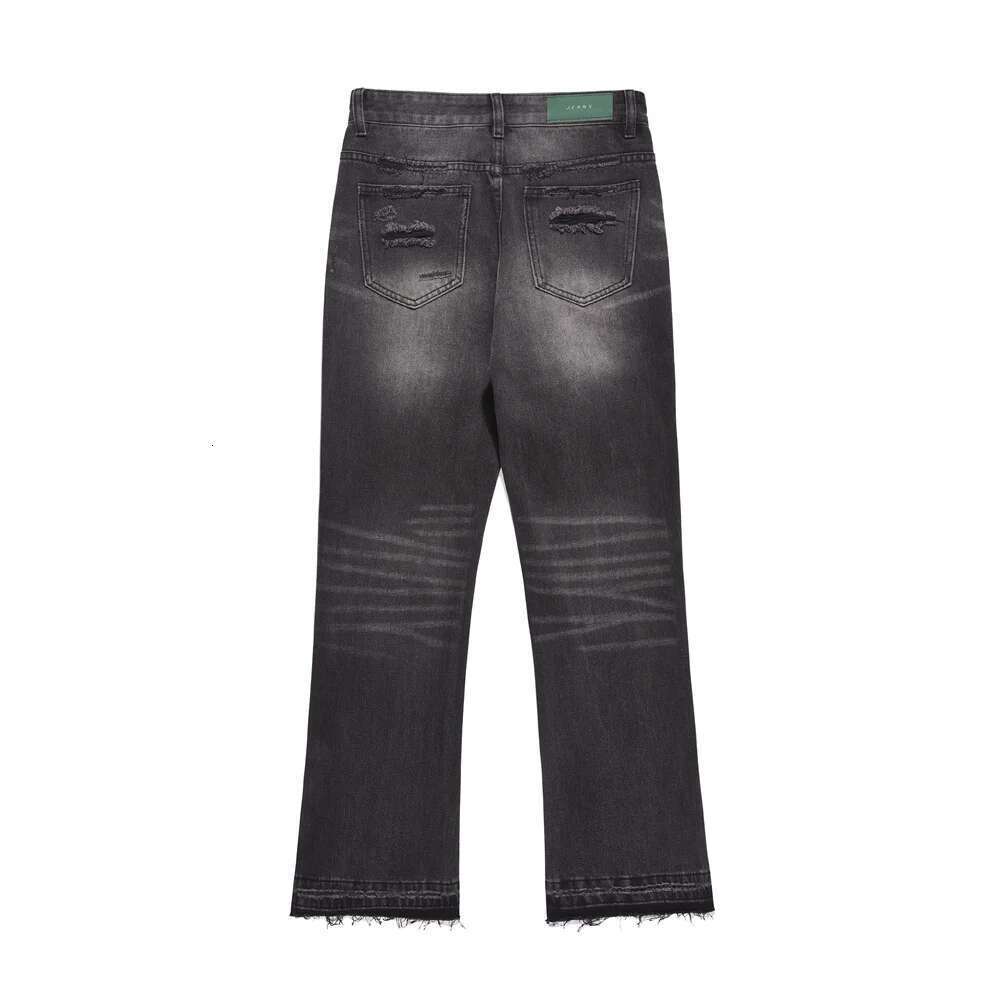 Retro Washed Black Ripped Hole Jeans Mens High Street Raw Edge Straight-Leg Flared Pants Men