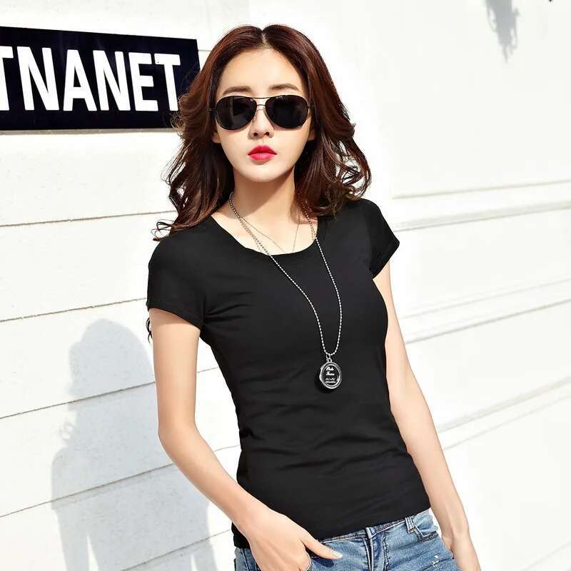 2024 Spring Summer Women Cotton T-shirt Black O-Neck Short Sleeve Female Tee Slim White T-Shirt Casual Solid Lady Tshirt Tops