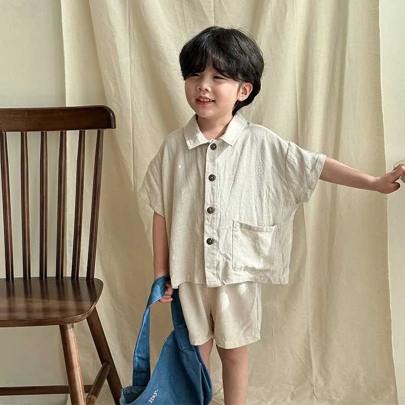 2024 Summer Apparel Brothers and sisters Set Girls Childrens Linen Solid Short Sleeve Dress Boys Baby Loose Casual Top+Shorts 2 S2548