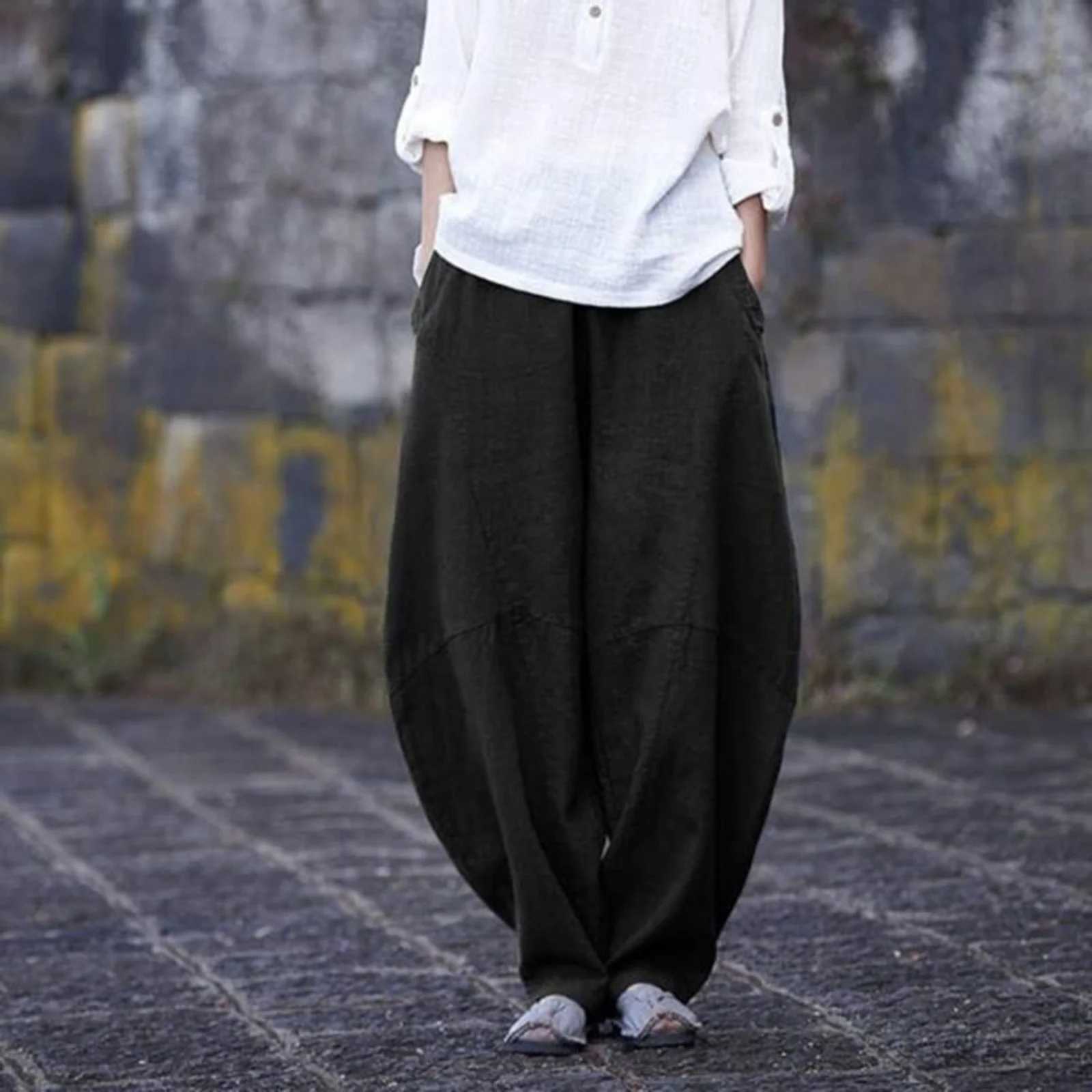 Cotton and linen loose suit womens casual cargo pants solid bag pants womens TrouserXJ250403