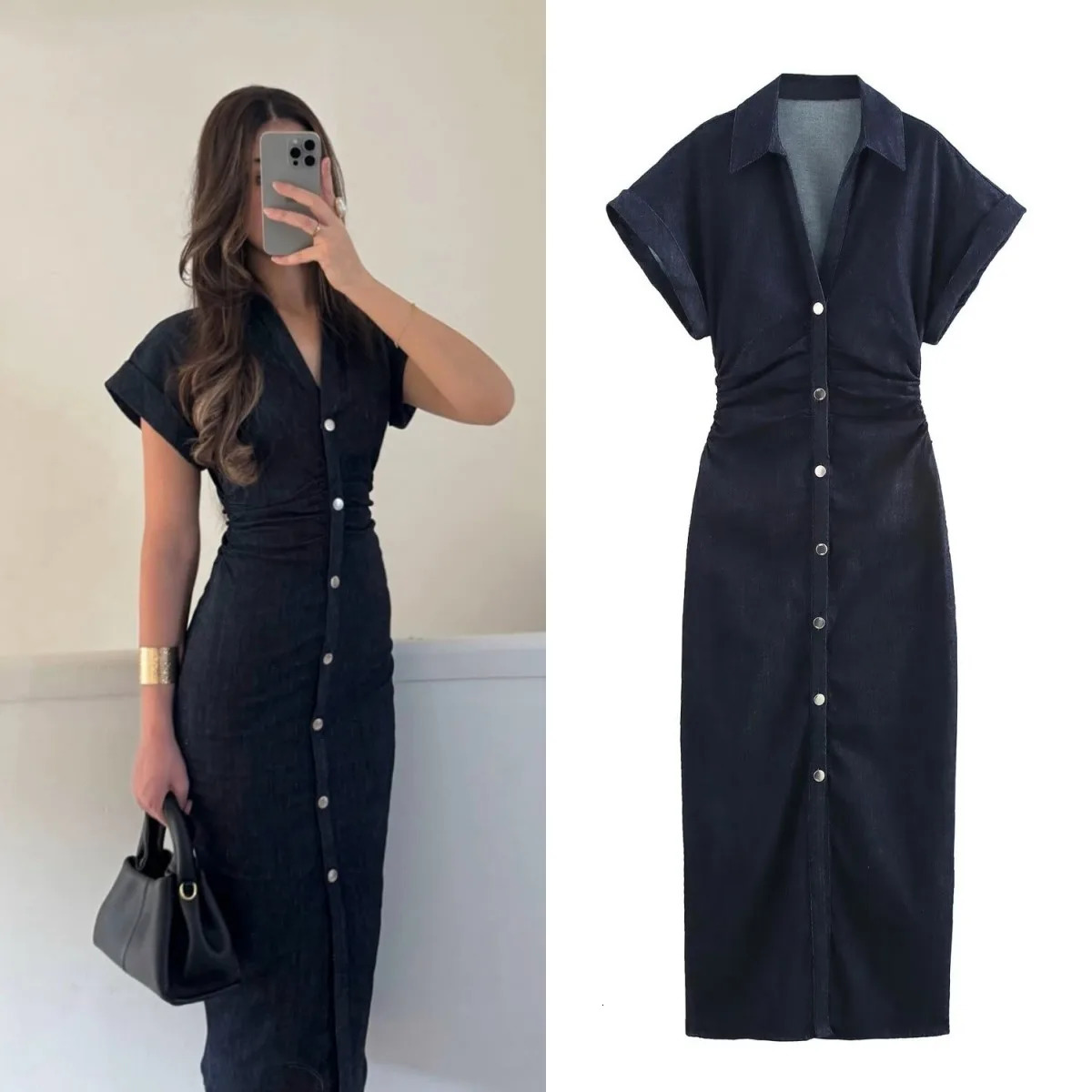 ETJ traf Spring 1975 Series Denim MIDI Dress with Flip Collar Side Zipper Fashionable Wrinkle Waist Slim Elegant 250409