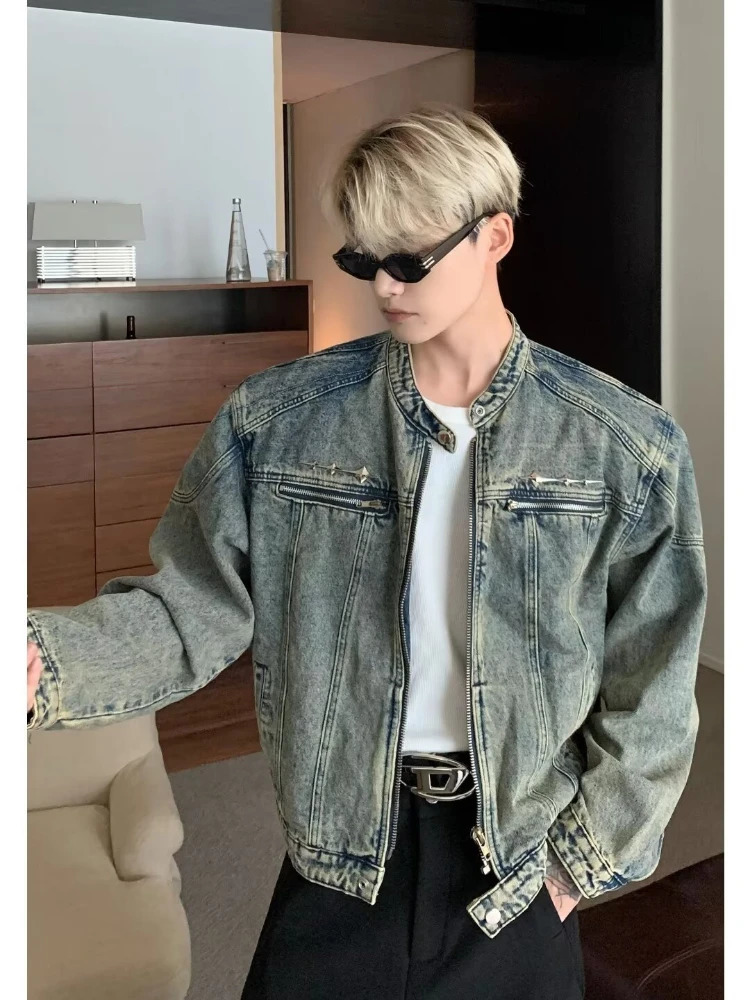 Mens denim jacket American style high street zipper vintage washed distressed spring casual streetwear 250409