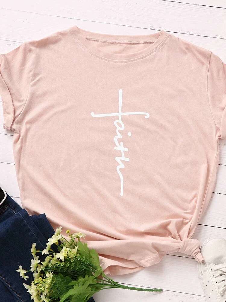 Faith Letter Print T Short Sleeve O Neck Loose Women Tshirt Ladies Tee Shirt Tops Clothes Camisetas Mujer