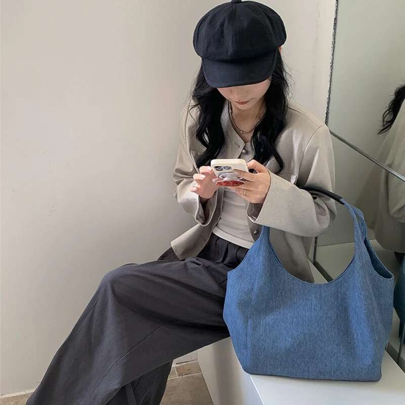 Fashion Portable Handbag New Women Commuting Shoulder Casual Versatile Denim Large Capacity Canvas Tote Bag