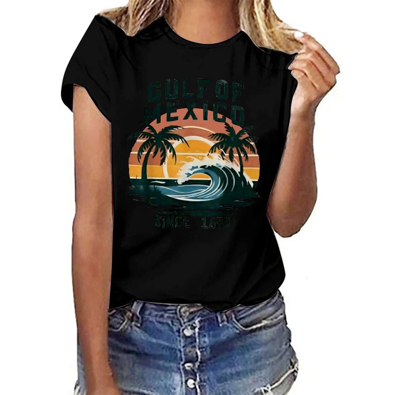 Dongdumaoyi Gulf Of Mexico Since T Shirt For Women S Letter Print Crew Neck Short Sleeve Tee Tops Female Clothes Shirt