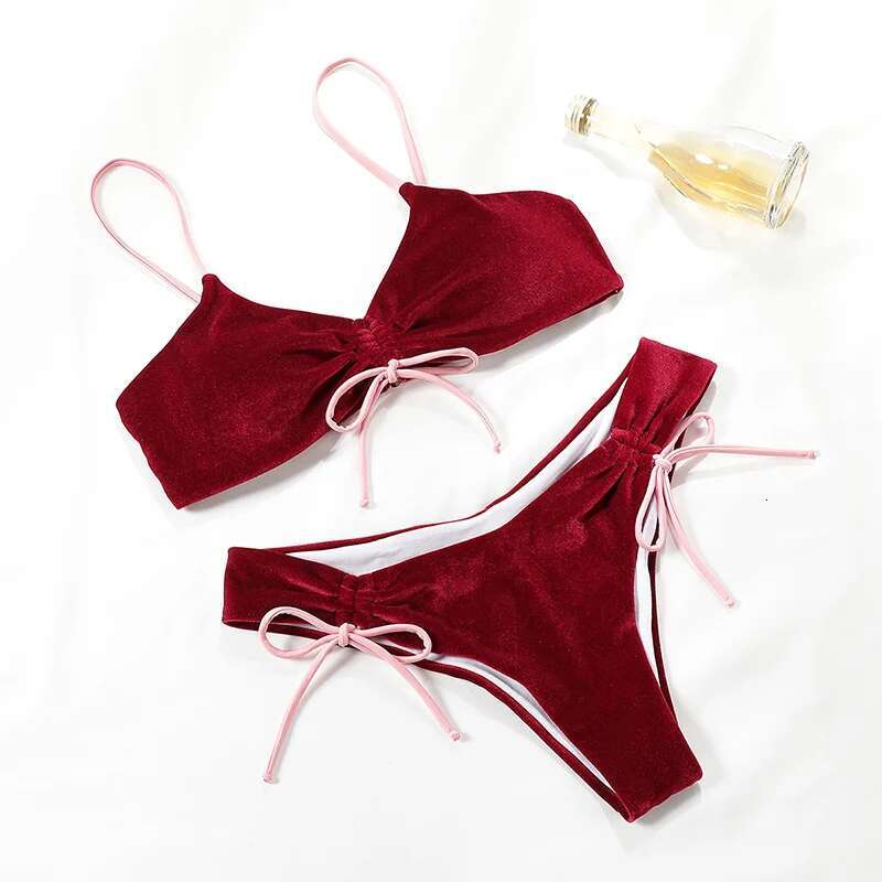 Miyouj Ruffle ral Bikini Solid Swimsuit Lace Up Biquinis Feminino New Print Swimwear Women Bathing Suit String Bikinis Set