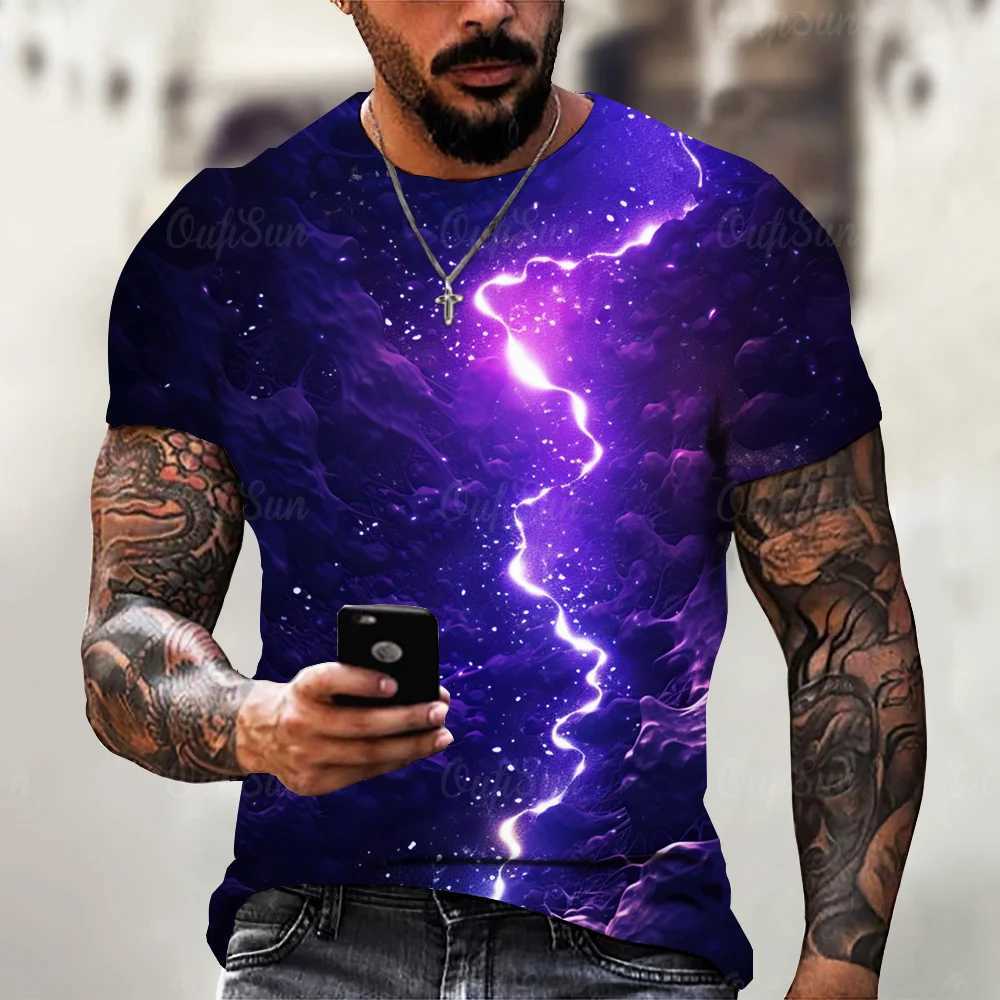 2024 summer new mens T-shirt casual lightning cool 3D digital printing mens short sleeved T-shirt oversized mens clothingXJ250409