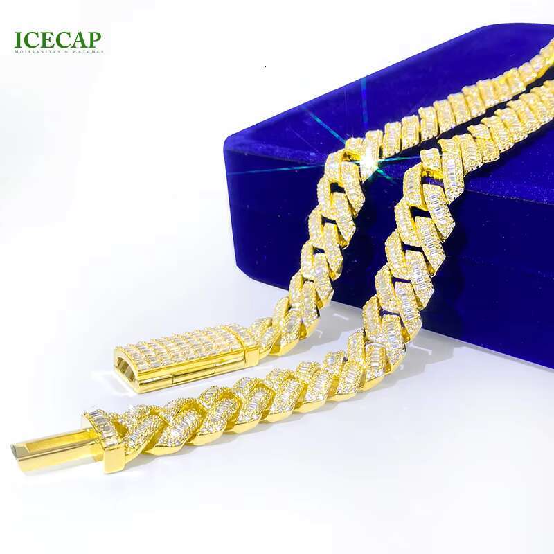 20mm Iced Out Moissanite Diamond 925 Silver Gold Plated Trapezoid Cuban Link Chain Hiphop Cuban Moissanite Necklace Bracelet