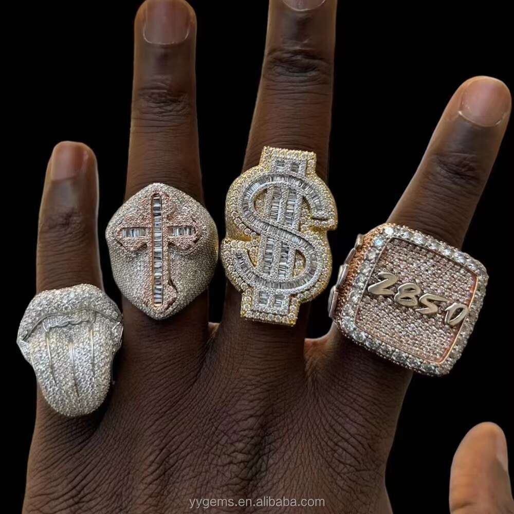 Yu Ying Custom Hip Hop Dollar Style Iced Out Moissanite Ring Real Gold Plated 925 Sterling Silver Cuban Rings Men Jewelry