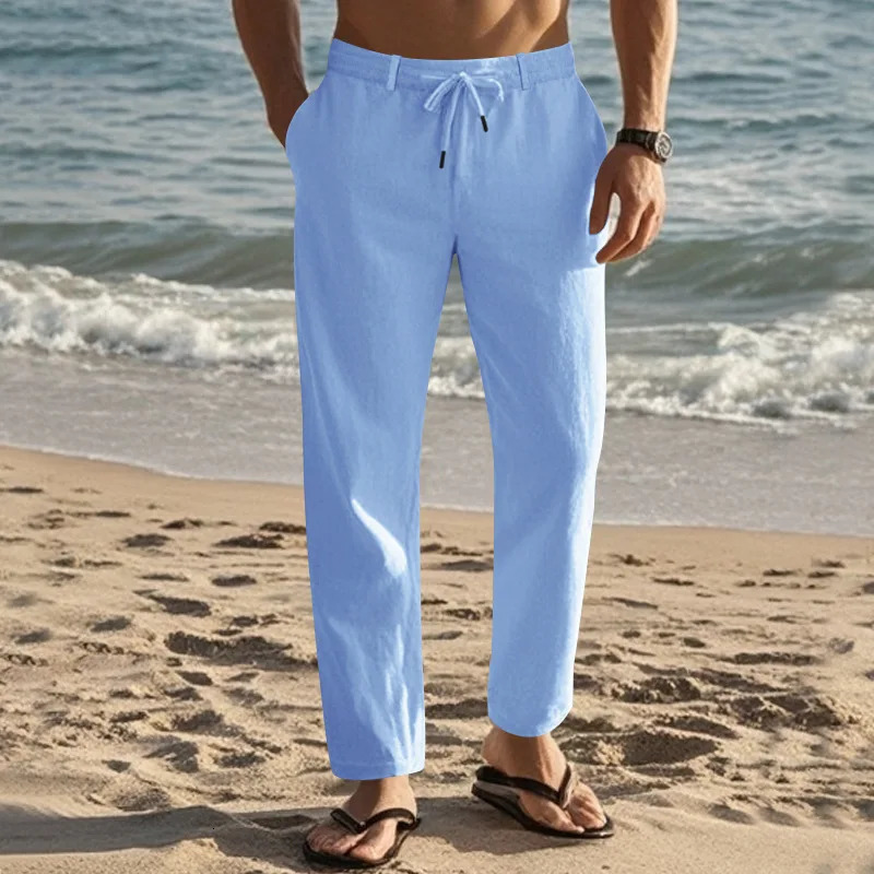 2024 Mens Trousers Spring and Autumn Drawstring Simple Fashion Solid Color Daily Casual Cotton Linen Straight Trousers 250408