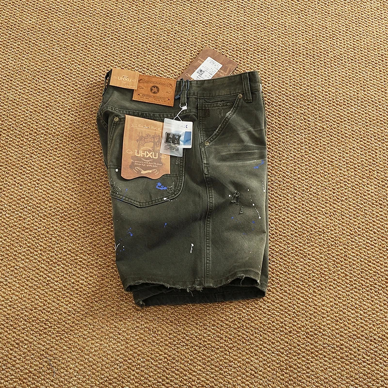 American Retro Cowboy Cargo Shorts for Men in Summer 100% Cotton Washed Used Spray Painted Straight Casual 4point Pants 250409