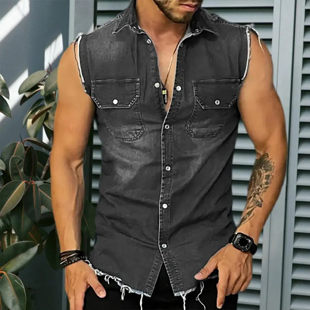 Lapel sleeveless vest jacket single chest lapel pocket tassel mens summer solid color denim shirt street fashion show body muscles 250409
