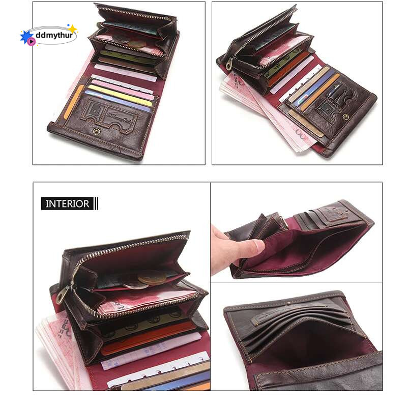 Genuine Leather RFID Men Zipper Retro Coin Purse Male Bifold Card Holder Wallet ddmythur